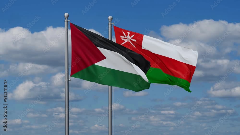 Oman and Palestine flags flying together, video concept of the relationship, two country cooperation concept Oman and Palestine flags flying together, video concept of the relationship, two country cooperation concept