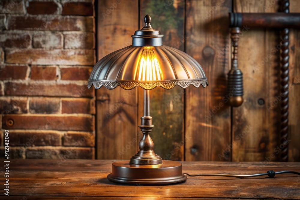 Retro-style electric lamp with ornate metal base and scalloped shade casts warm glow in rustic, industrial-chic loft interior setting. Retro-style electric lamp with ornate metal base and scalloped shade casts warm glow in rustic, industrial-chic loft interior setting.