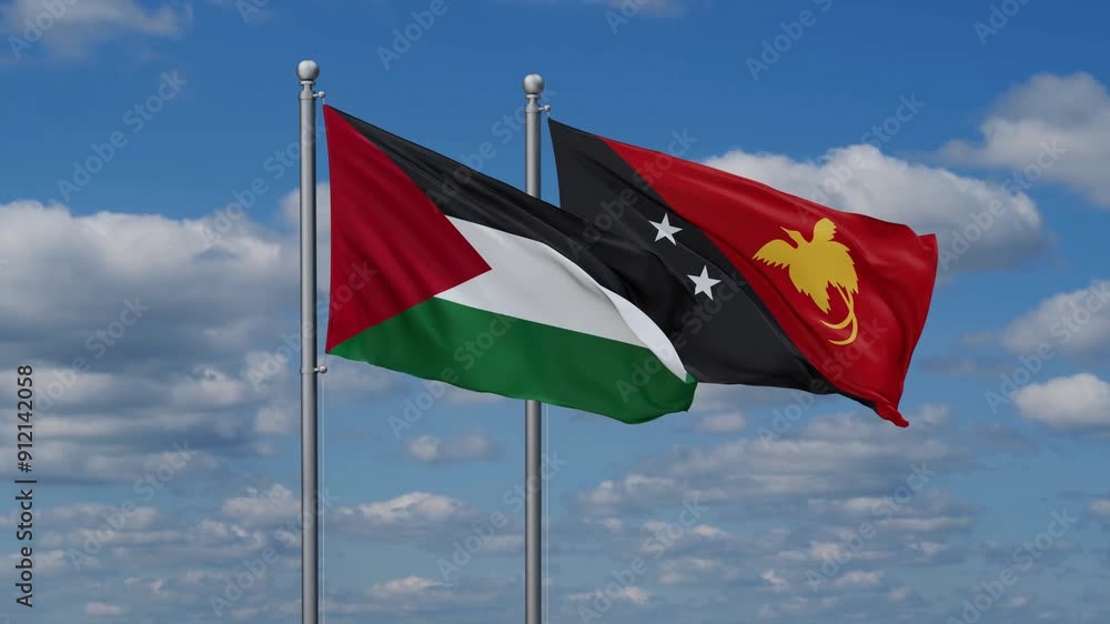 Papua New Guinea and Palestine flags flying together, video concept of the relationship, two country relations concept Papua New Guinea and Palestine flags flying together, video concept of the relationship, two country relations concept