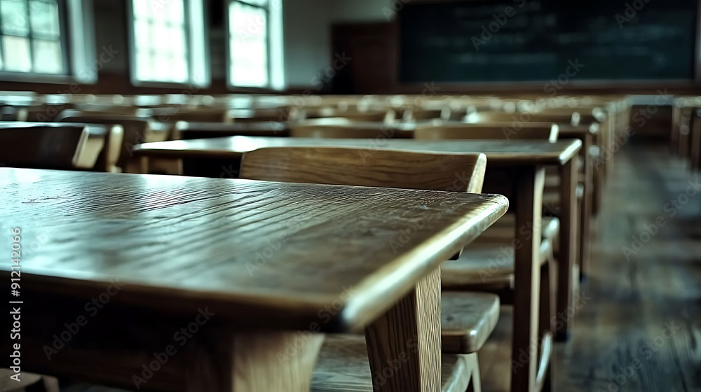 Close-up of Wooden Desks and Chairs in an Empty Classroom Close-up of Wooden Desks and Chairs in an Empty Classroom