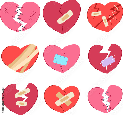 heart broken set cartoon. red divorce, marriage valentine, break crack heart broken sign. isolated symbol vector illustration