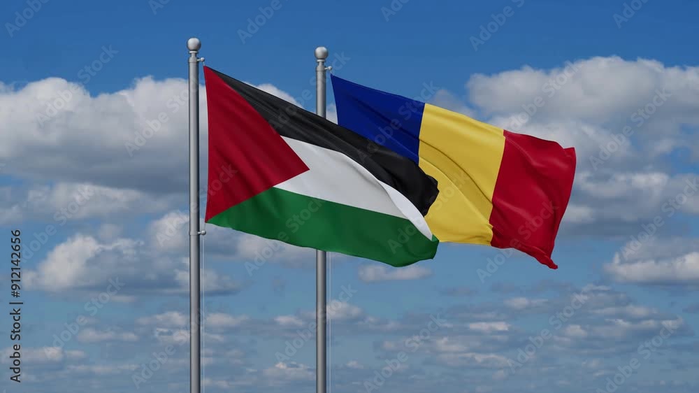 Romania and Palestine flags flying together, video concept of the relationship, two country cooperation concept Romania and Palestine flags flying together, video concept of the relationship, two country cooperation concept