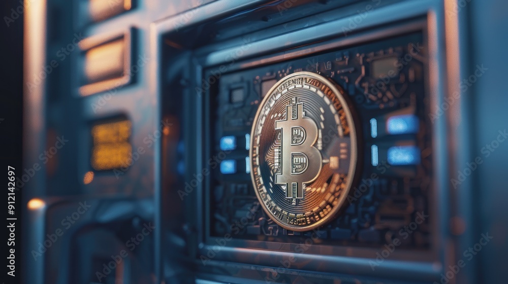 Fototapeta premium Bitcoin Coin in a Digital Safe