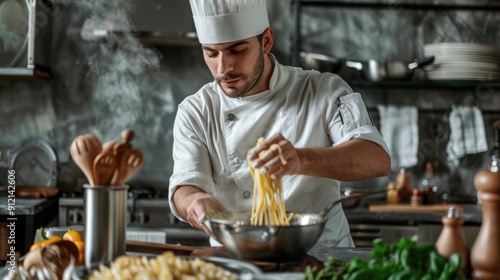 Chef Draining Cooked Pasta in a Commercial Kitchen photo