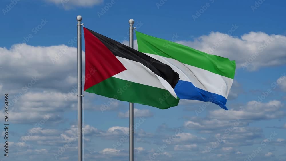 Sierra Leone or Salone and Palestine flags flying together, video concept of the relationship, two country cooperation concept Sierra Leone or Salone and Palestine flags flying together, video concept of the relationship, two country cooperation concept