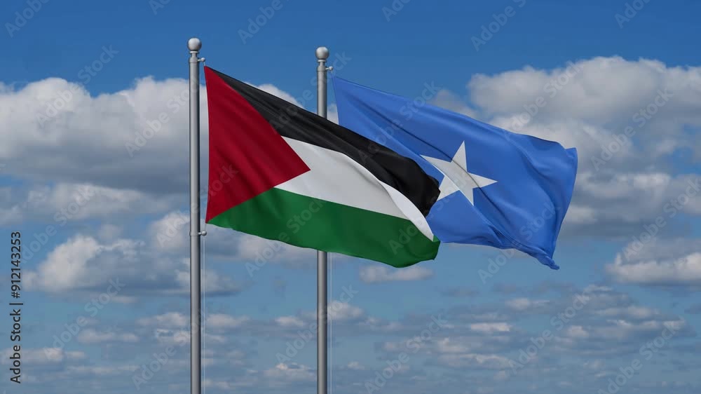 Somalia and Palestine flags flying together, video concept of the relationship, two country cooperation concept Somalia and Palestine flags flying together, video concept of the relationship, two country cooperation concept