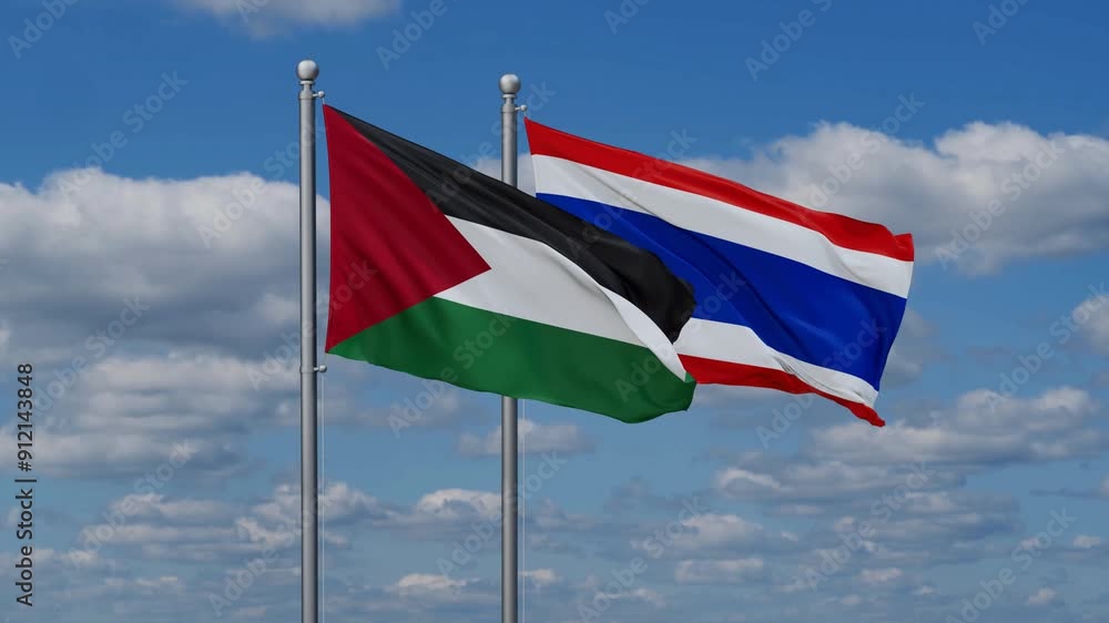 Kingdom of Thailand and Palestine flags flying together, video concept of the relationship, two country cooperation concept Kingdom of Thailand and Palestine flags flying together, video concept of the relationship, two country cooperation concept