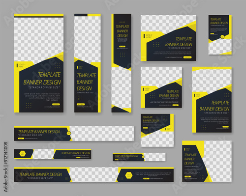 Template banner designs in yellow and black, suitable for standard web sizes. Perfect for website ad banners and social media graphics
