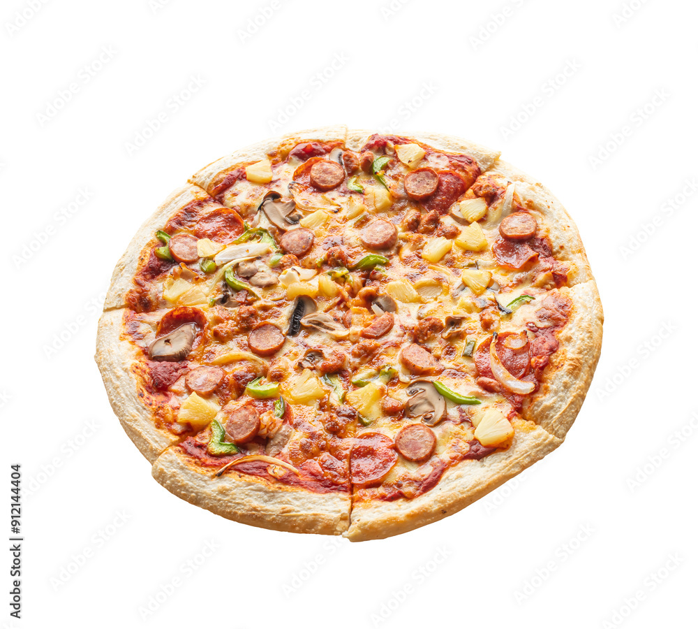 Top view simple traditional pizza.food and eating concepts.die cut with transparency Top view simple traditional pizza.food and eating concepts.die cut with transparency