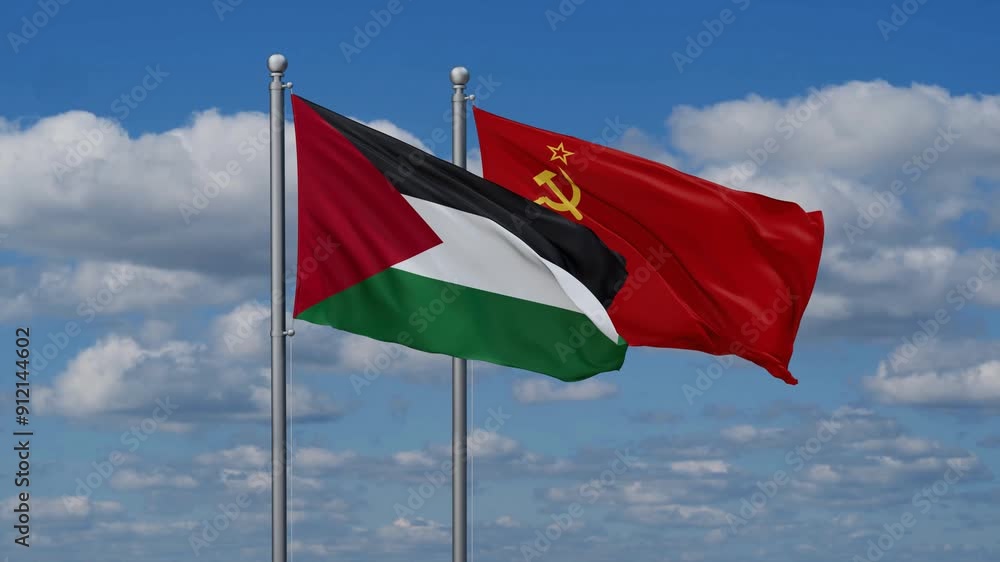 Soviet Union or USSR and Palestine flags flying together, video concept of the relationship, two country cooperation concept Soviet Union or USSR and Palestine flags flying together, video concept of the relationship, two country cooperation concept
