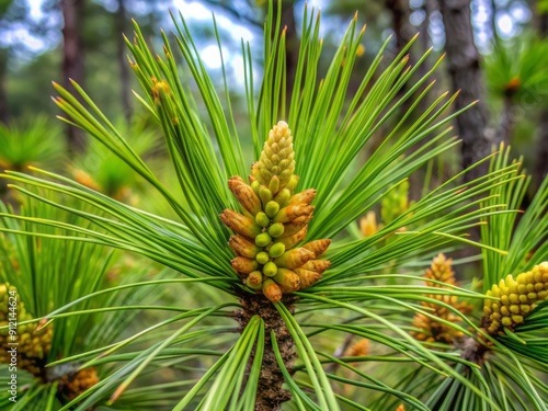 Mature longleaf pine tree branches with young green cones and long, slender needles against a soft, blurred natural background.