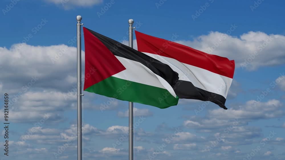 Yemen and Palestine flags flying together, video concept of the relationship, two country cooperation concept