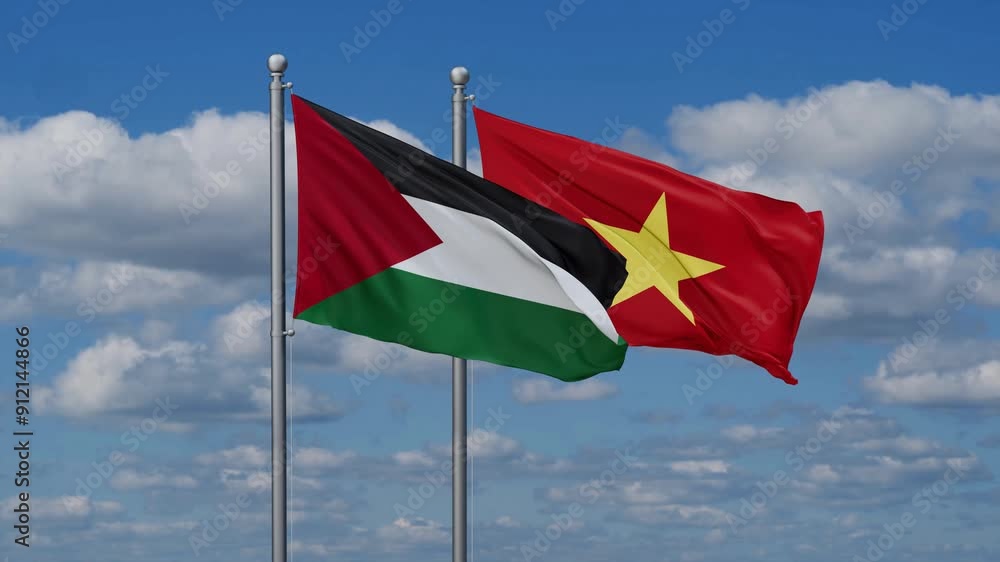 Vietnam and Palestine flags flying together, video concept of the relationship Vietnam and Palestine flags flying together, video concept of the relationship