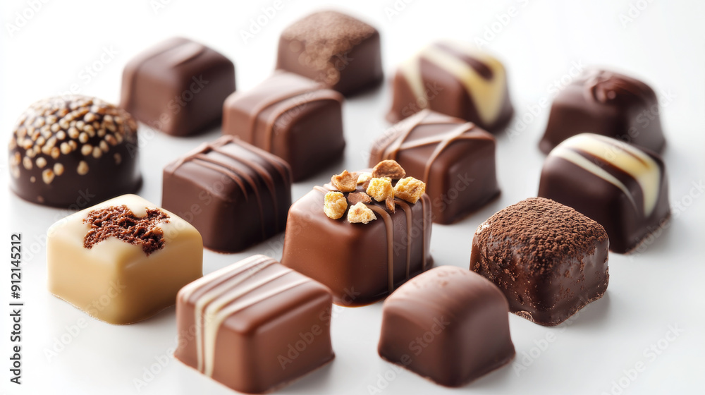 Indulge in a luxurious chocolate assortment, with various fillings to satisfy your sweet cravings. This exquisite treat is isolated on a background for your viewing pleasure. Indulge in a luxurious chocolate assortment, with various fillings to satisfy your sweet cravings. This exquisite treat is isolated on a background for your viewing pleasure.