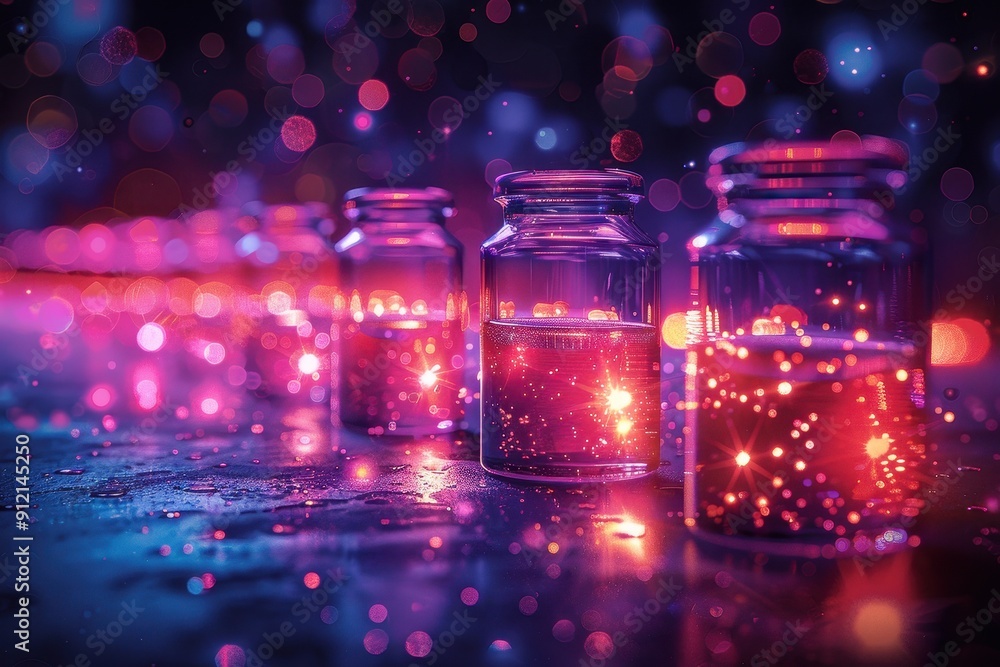 Abstract Medical Background Featuring Glowing Jars With Colorful Bokeh Effects Abstract Medical Background Featuring Glowing Jars With Colorful Bokeh Effects