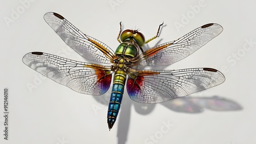 A detailed illustration of a dragonfly with translucent wings on a white background.