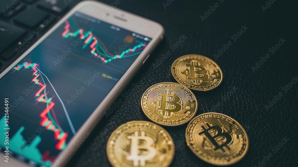 Close-up of a smartphone displaying cryptocurrency trading graphs with Bitcoin coins, symbolizing mobile trading. Close-up of a smartphone displaying cryptocurrency trading graphs with Bitcoin coins, symbolizing mobile trading.