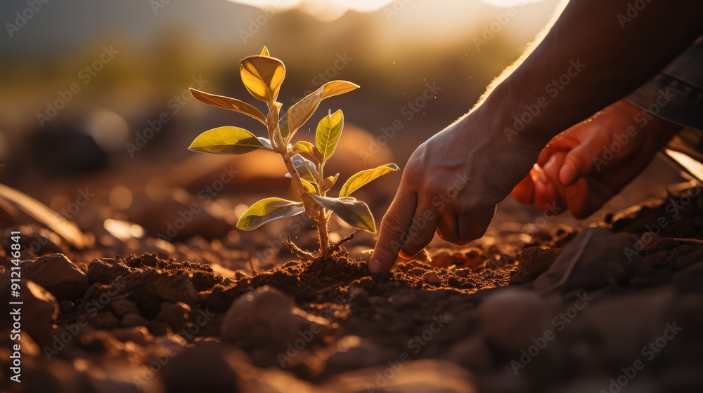 Fototapeta premium A hand gently caresses the stem of a young plant as it takes root in the rich soil, bathed in the warm glow of the setting sun.