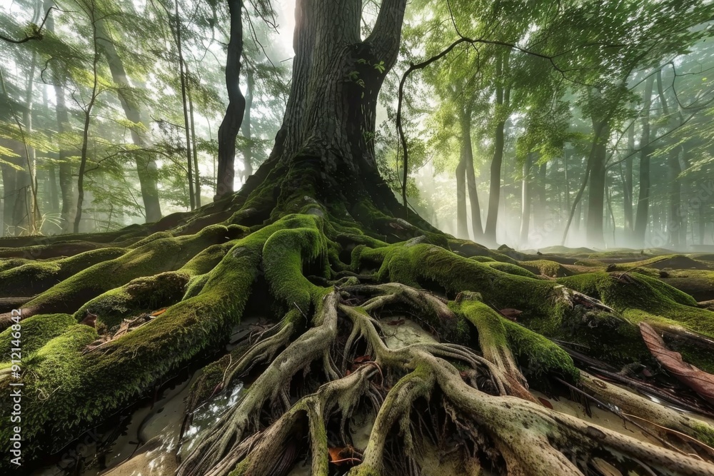 Misty Enchanted Forest Scene with Majestic Old Tree and Mossy Roots Misty Enchanted Forest Scene with Majestic Old Tree and Mossy Roots