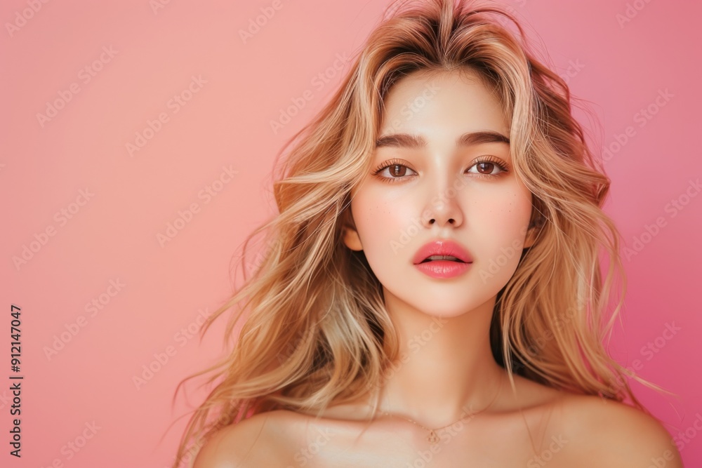Gorgeous Asian Woman with Flowing Hair and Natural Makeup on Pink Background Gorgeous Asian Woman with Flowing Hair and Natural Makeup on Pink Background