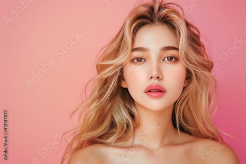 Gorgeous Asian Woman with Flowing Hair and Natural Makeup on Pink Background