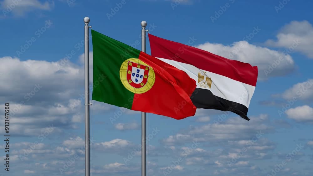 Egypt and Portugal flags flying together, video concept of the relationship, two country relations concept Egypt and Portugal flags flying together, video concept of the relationship, two country relations concept