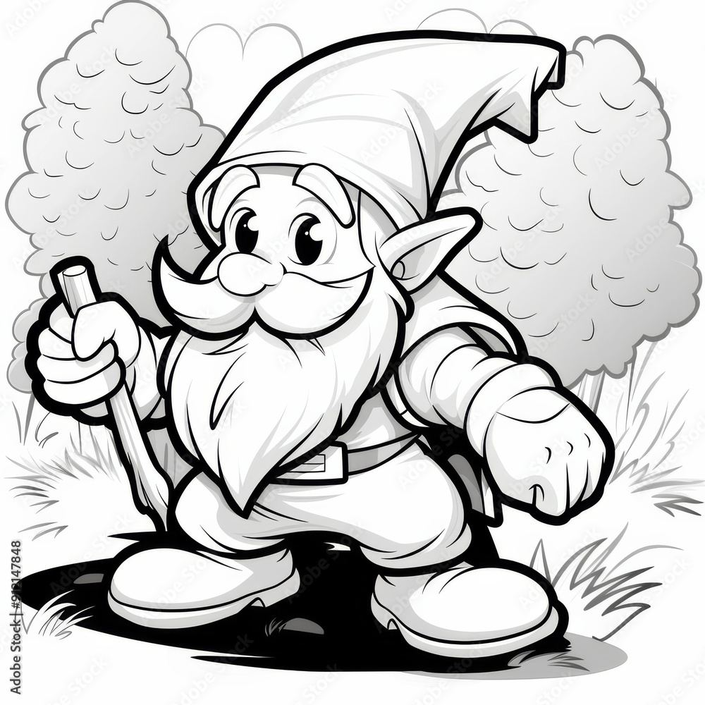 Obraz premium Cheerful Cartoon Garden Gnome Illustration with Walking Stick