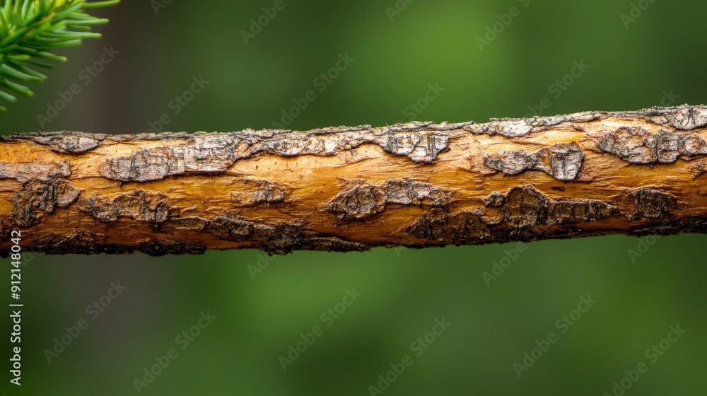Fototapeta premium A close-up of a rugged tree branch with rough, abrasive bark texture, untouched and surrounded by a natural forest background