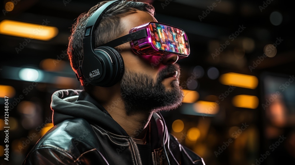 A man wearing a black jacket and headphones is looking at a screen A man wearing a black jacket and headphones is looking at a screen
