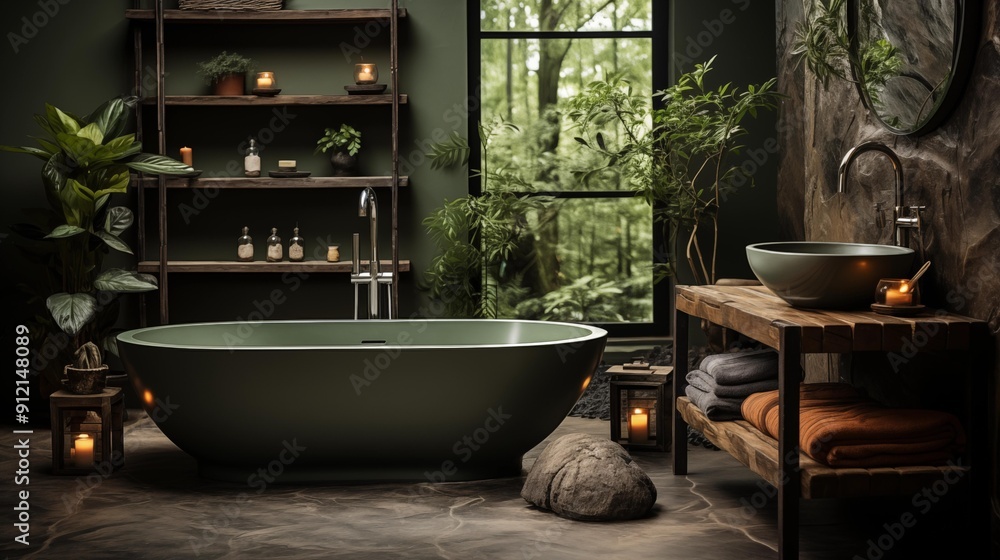A bathroom with a green bathtub and a wooden vanity A bathroom with a green bathtub and a wooden vanity