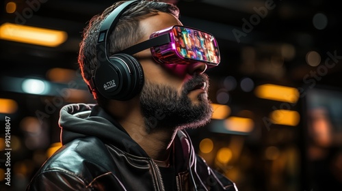 A man wearing a black jacket and headphones is looking at a screen