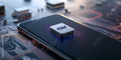 Smartphone with 'eSIM' Logo Surrounded by Digital Connections