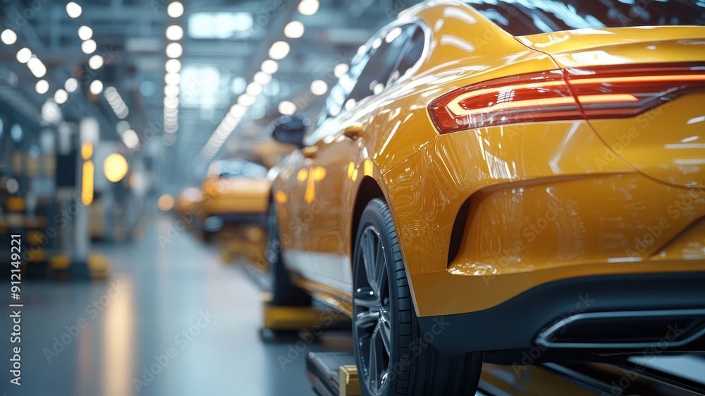 Modern car factory with sunlight illuminating rows of new cars. Modern car factory with sunlight illuminating rows of new cars.