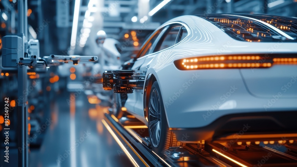 Fototapeta premium Futuristic car factory with robots and humans assembling electric vehicles.