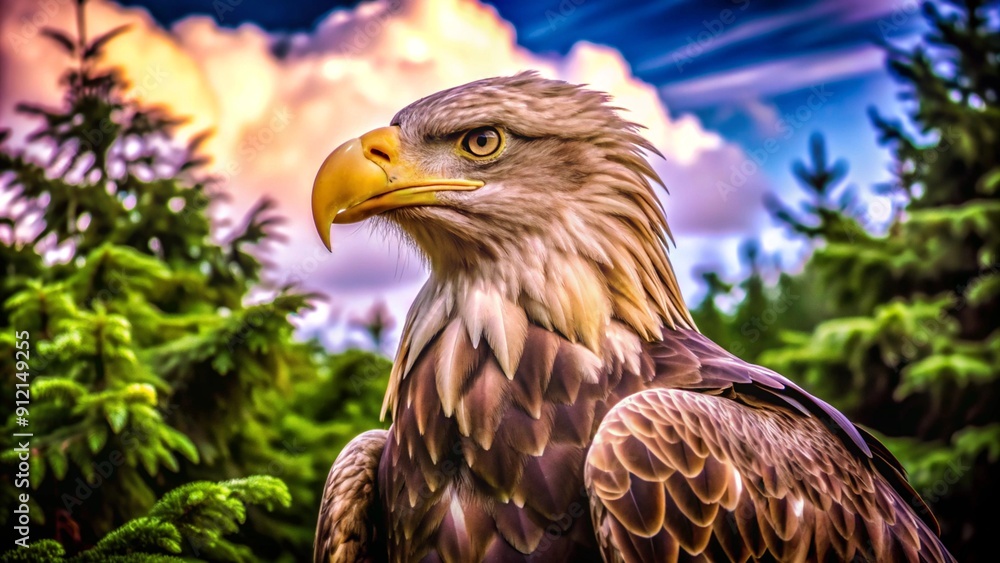 Fototapeta premium White-headed eagle close-up image, sitting on a branch, tree, nest, image for calendar, advertisement, banner
