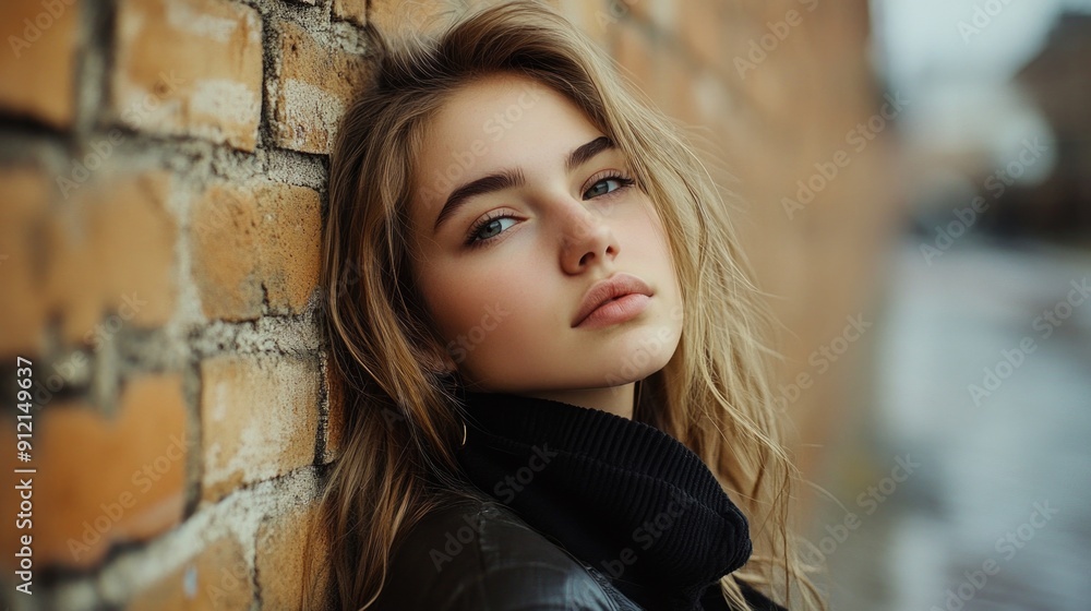 Fototapeta premium Young woman against brick wall