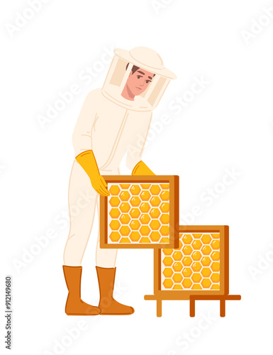 Beekeeper working with wooden honeycomb frame. Professional worker with special uniform to work with bees. Vector illustration isolated on white background