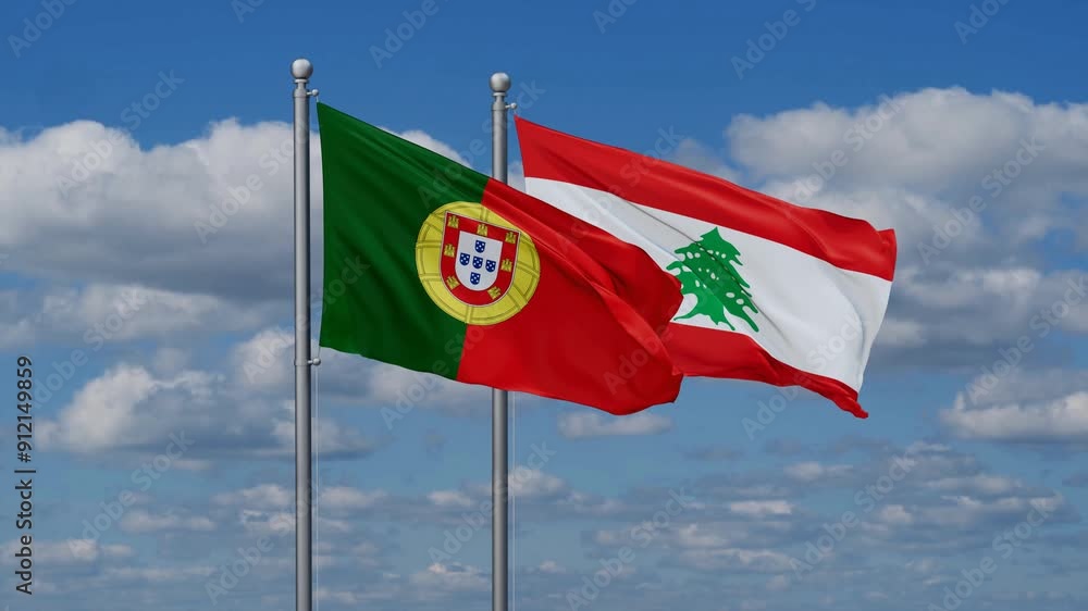 Lebanon and Portugal flags flying together, video concept of the relationship, two country cooperation concept Lebanon and Portugal flags flying together, video concept of the relationship, two country cooperation concept