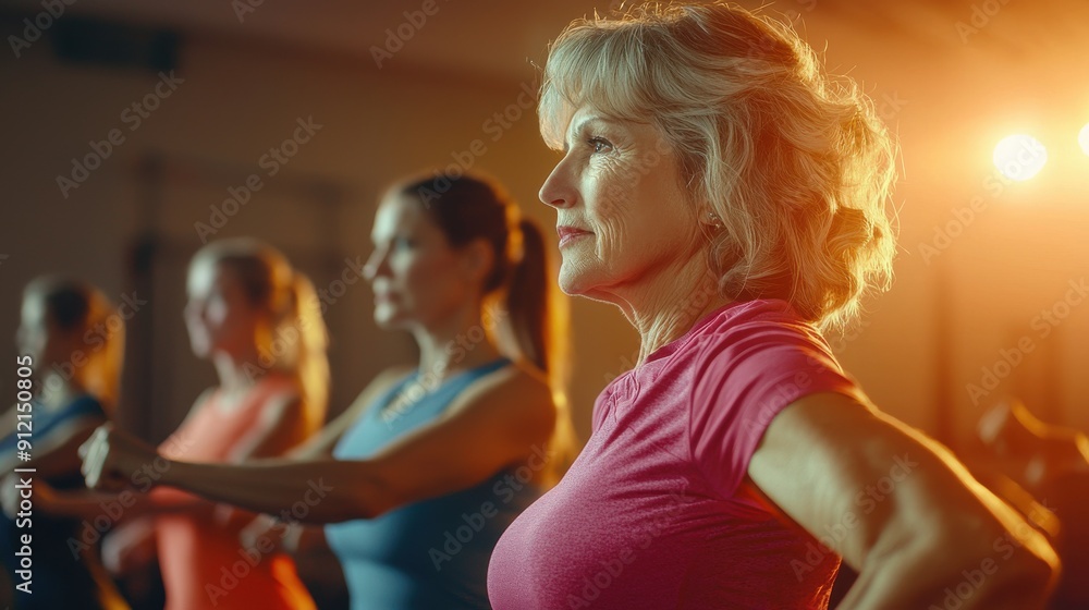 Fototapeta premium A group of middle-aged women taking a fitness class, following the instructor's lead in a series of aerobic exercises, in a brightly lit gym 