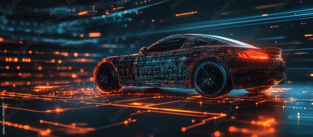 Abstract representation of data processing and scanning over a spinning car illustration on a dark backdrop Concept of global networking and computer interface technology