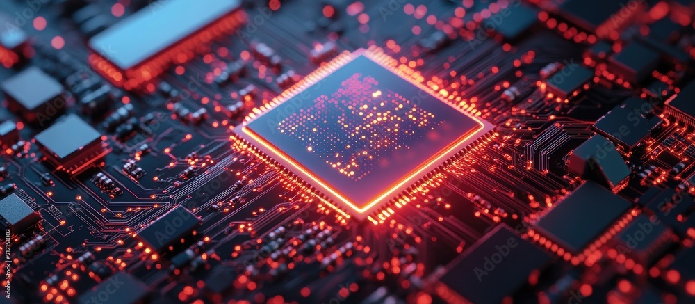 Fototapeta premium AI Driven Algorithm Development on Computer Chip Circuit with Data Network Diagram for Business Technology