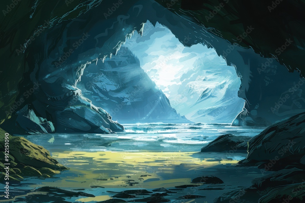Obraz premium A shadowy cave reveals a breathtaking view of a distant snowy mountain range and a tranquil sea