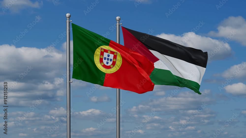 Palestine and Gaza Strip and Portugal two flags waving together on blue , video concept of the relationship Palestine and Gaza Strip and Portugal two flags waving together on blue , video concept of the relationship