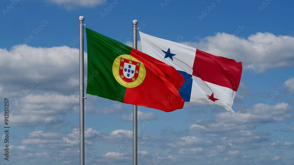 Panama and Portugal flags flying together, video concept of the relationship, two country relations concept Panama and Portugal flags flying together, video concept of the relationship, two country relations concept