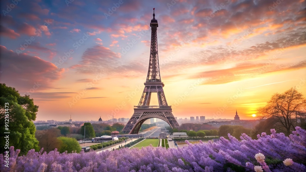 Fototapeta premium Ethereal Parisian Evening: A Dreamy Silhouette of the Eiffel Tower Bathed in Lavender Hues AI generated