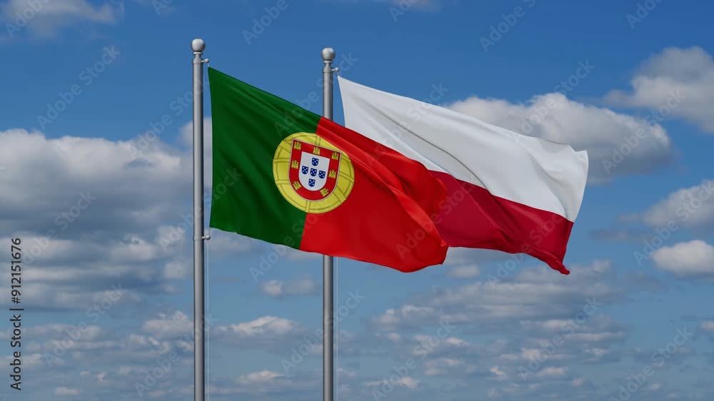 Poland and Portugal flags flying together, video concept of the relationship, two country cooperation concept Poland and Portugal flags flying together, video concept of the relationship, two country cooperation concept