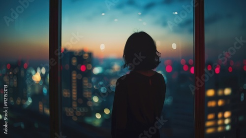 A woman stands near a window, contemplating the vibrant city skyline illuminated by sunset hues