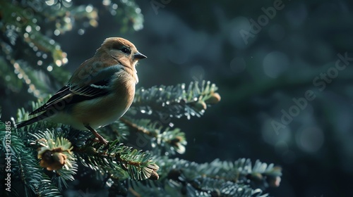 Beautiful chaffinch sitting on a tree branch in the forest on a blurry background photo