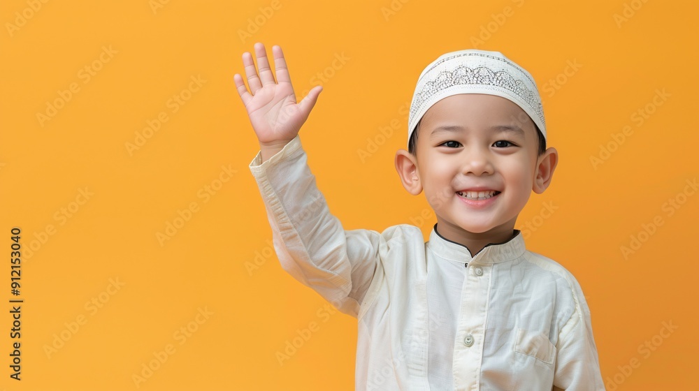 An Asian Islamic child wearing a traditional cap, making a friendly gesture with a joyful face. An Asian Islamic child wearing a traditional cap, making a friendly gesture with a joyful face.
