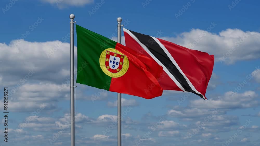 Trinidad and Tobago and Portugal flags flying together, video concept of the relationship, two country cooperation concept Trinidad and Tobago and Portugal flags flying together, video concept of the relationship, two country cooperation concept